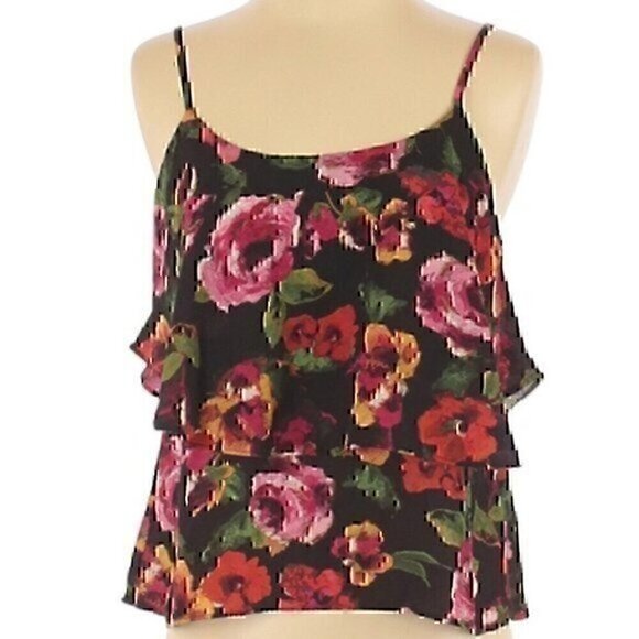 PAPER CRANE Black Pink Red Green Floral Flounce Tiered Boho Crop Top Tank Blouse - Picture 1 of 6